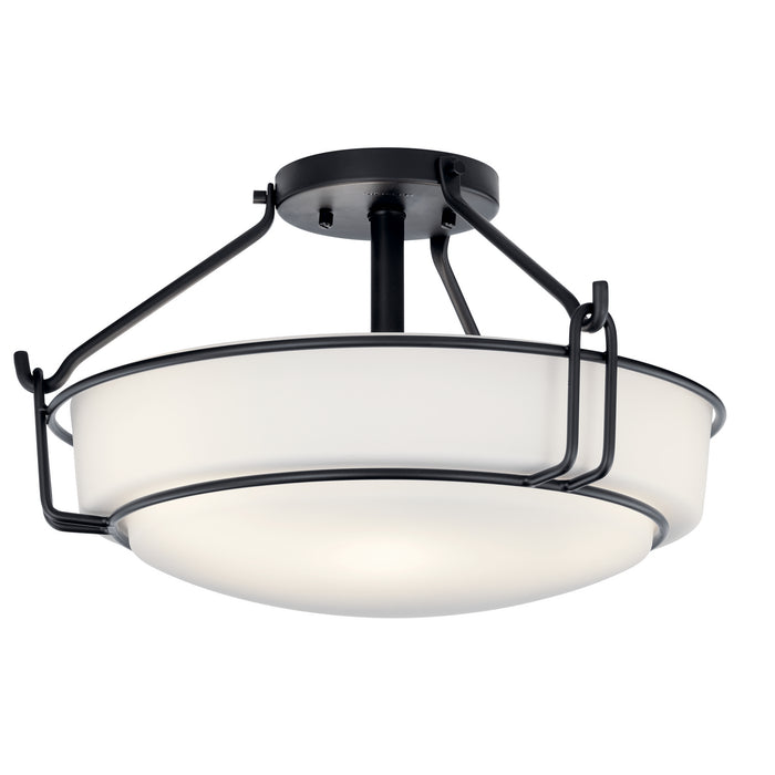 Kichler Three Light Semi Flush Mount with Satin Etched Cased Opal Glass