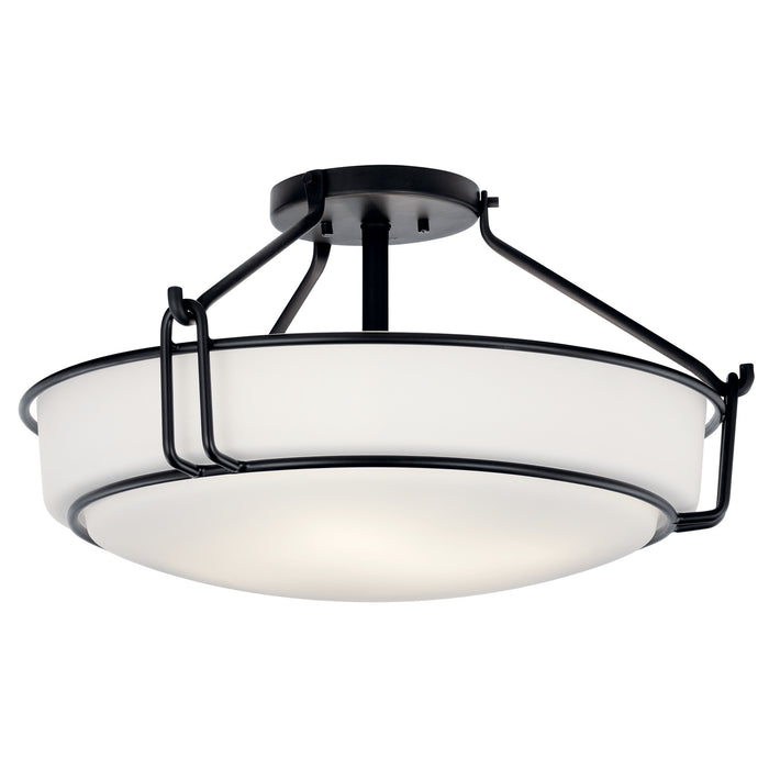 Kichler Four Light Semi Flush Mount with Satin Etched Cased Opal Glass