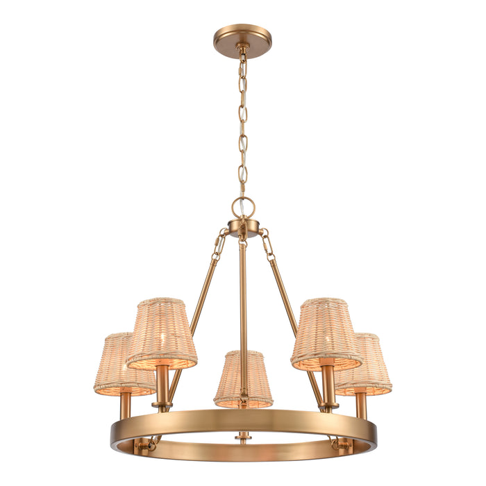 Rydell 24.5 Inch Wide 5-Light Chandelier In Brushed Gold and Rattan