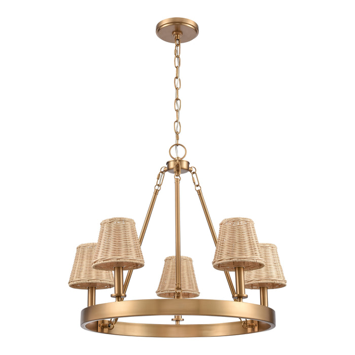 Rydell 24.5 Inch Wide 5-Light Chandelier In Brushed Gold and Rattan