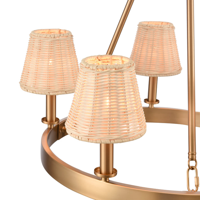 Rydell 24.5 Inch Wide 5-Light Chandelier In Brushed Gold and Rattan