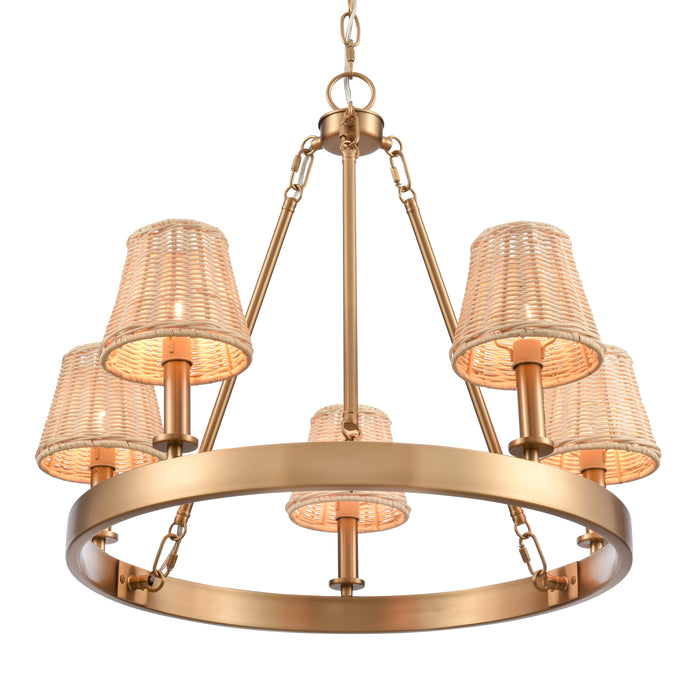 Rydell 24.5 Inch Wide 5-Light Chandelier In Brushed Gold and Rattan