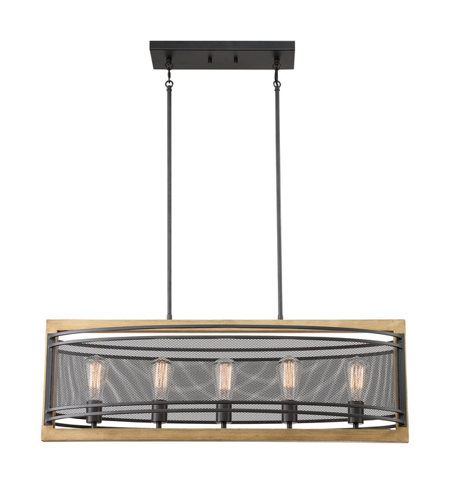 Five Light Island Pendant from the Atelier collection in Black / Honey Wood finish