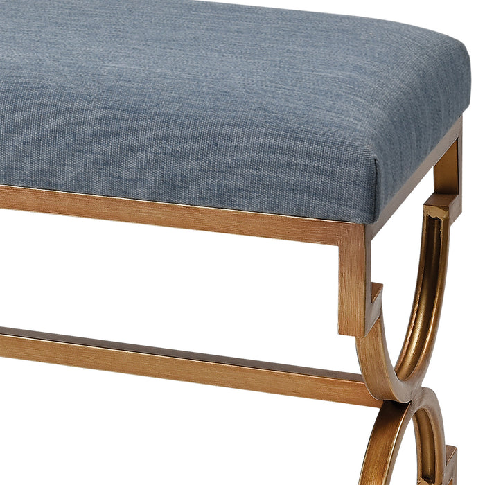 Bench from the Comtesse collection in Blue Fabric, Antique Gold, Antique Gold finish