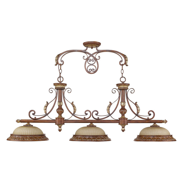 Three Light Island Pendant from the Villa Verona collection in Verona Bronze with Aged Gold Leaf Accents finish