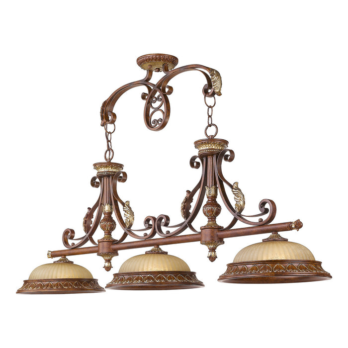 Three Light Island Pendant from the Villa Verona collection in Verona Bronze with Aged Gold Leaf Accents finish