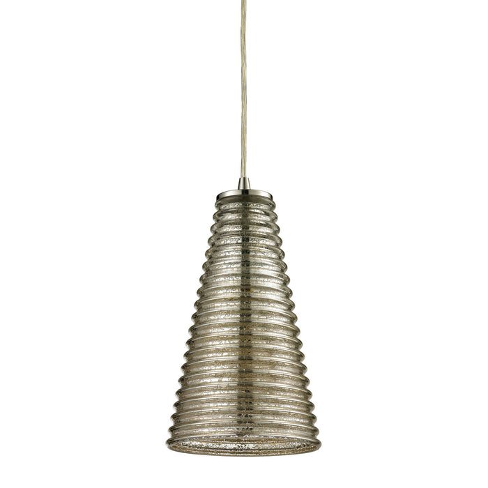 One Light Mini Pendant from the Ribbed Glass collection in Satin Nickel finish