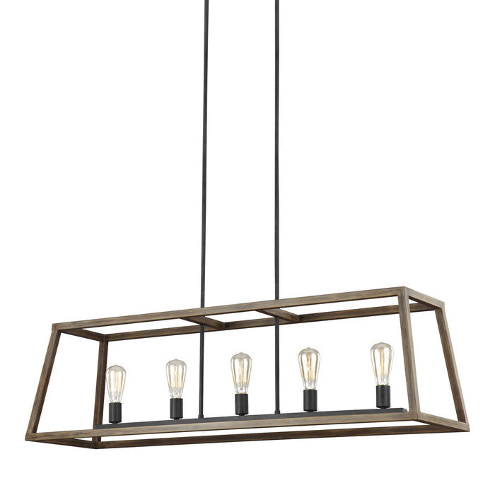 Five Light Linear Chandelier from the Gannet collection in Weathered Oak Wood / Antique Forged Iron finish