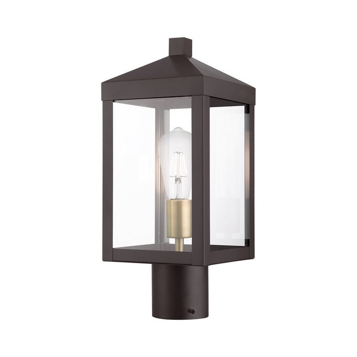 One Light Outdoor Post Top Lantern from the Nyack collection in Bronze with Antique Brass Cluser finish