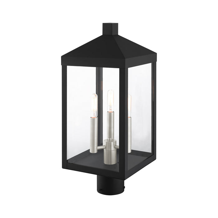 Three Light Outdoor Post Top Lantern from the Nyack collection in Black with Brushed Nickel Cluster finish