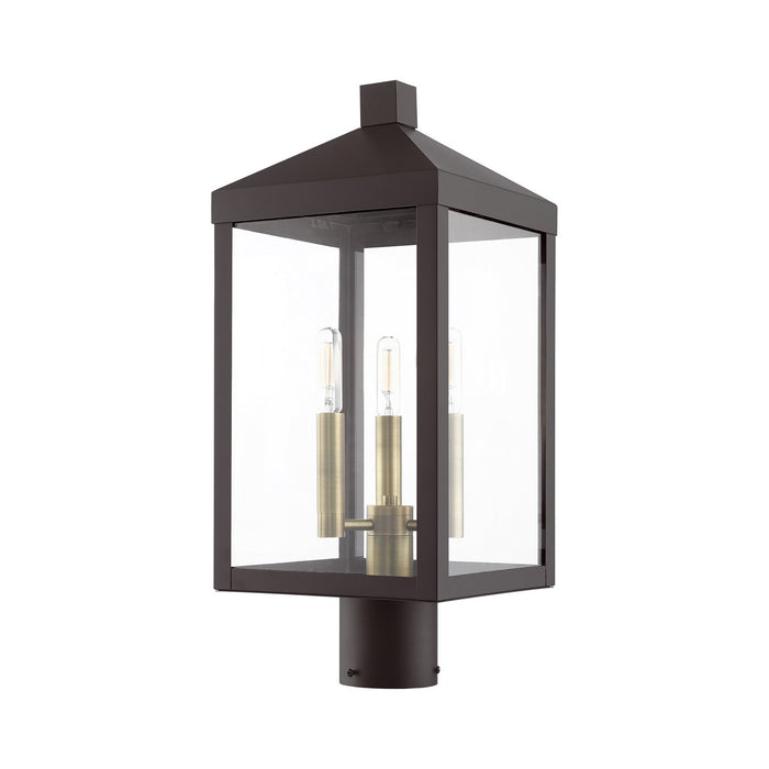 Three Light Outdoor Post Top Lantern from the Nyack collection in Bronze with Antique Brass Cluser finish