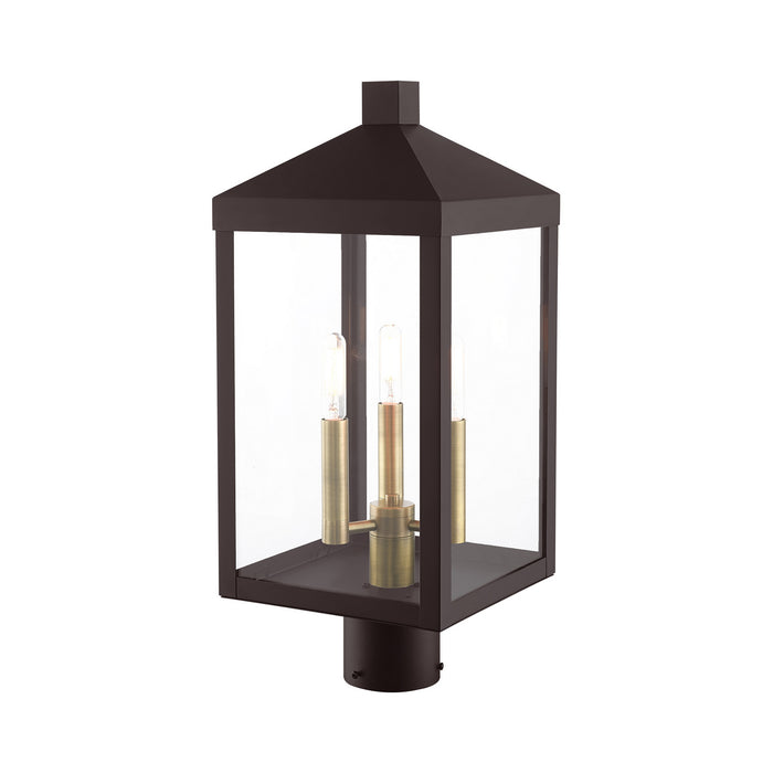 Three Light Outdoor Post Top Lantern from the Nyack collection in Bronze with Antique Brass Cluser finish