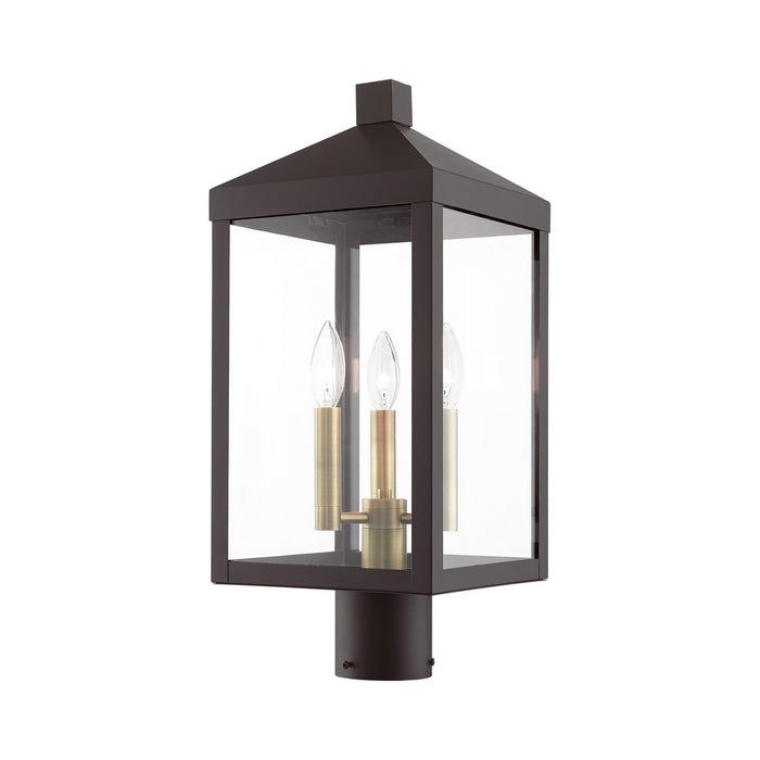 Three Light Outdoor Post Top Lantern from the Nyack collection in Bronze with Antique Brass Cluser finish