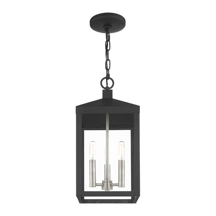 Three Light Outdoor Pendant from the Nyack collection in Black with Brushed Nickel Cluster finish