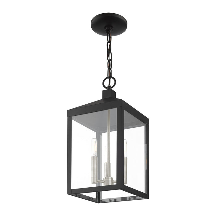 Three Light Outdoor Pendant from the Nyack collection in Black with Brushed Nickel Cluster finish