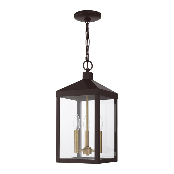 Three Light Outdoor Pendant from the Nyack collection in Bronze with Antique Brass Cluser finish