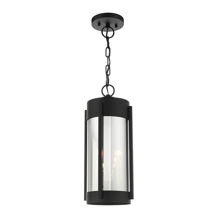 Two Light Outdoor Pendant from the Sheridan collection in Black with Brushed Nickel Candles finish