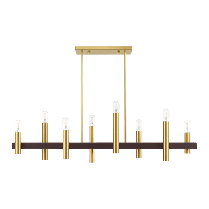 Eight Light Chandelier from the Helsinki collection in Satin Brass with Bronze Accents finish