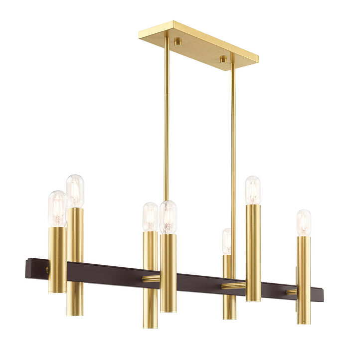 Eight Light Chandelier from the Helsinki collection in Satin Brass with Bronze Accents finish