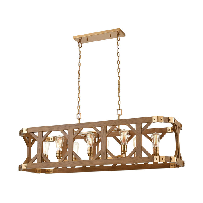 Eight Light Island Pendant from the Structure collection in Satin Brass, Medium Oak, Medium Oak finish